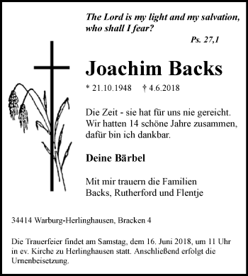 Traueranzeige von Joachim Backs von Westfalen-Blatt