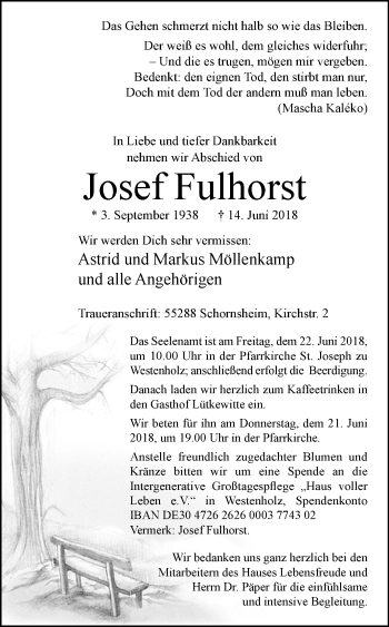Traueranzeige von Josef Fulhorst von Westfalen-Blatt