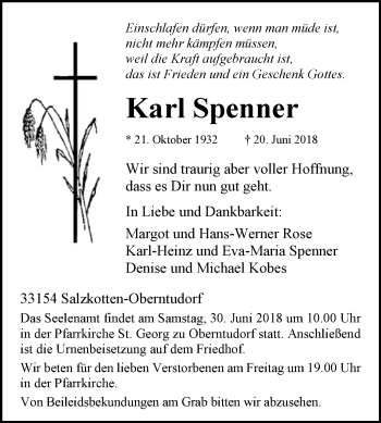 Traueranzeige von Karl Spenner von Westfalen-Blatt