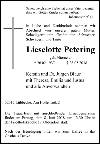 Traueranzeige von Lieselotte Petering von Westfalen-Blatt