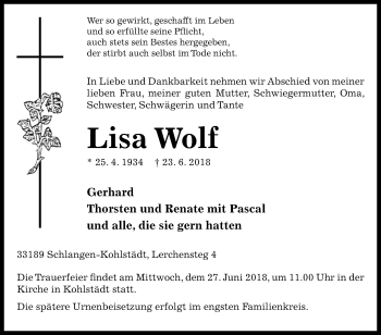 Traueranzeige von Lisa Wolf von Westfalen-Blatt