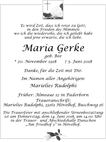 Traueranzeige von Maria Gerke von Westfalen-Blatt