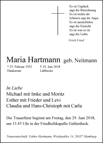 Traueranzeige von Maria Hartmann von Westfalen-Blatt