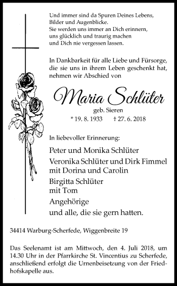 Traueranzeige von Maria Schlüter von Westfalen-Blatt