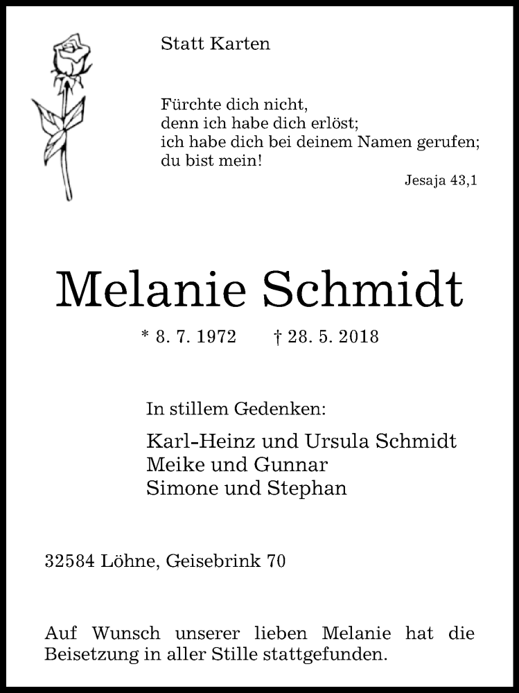  Traueranzeige für Melanie Schmidt vom 04.06.2018 aus Westfalen-Blatt