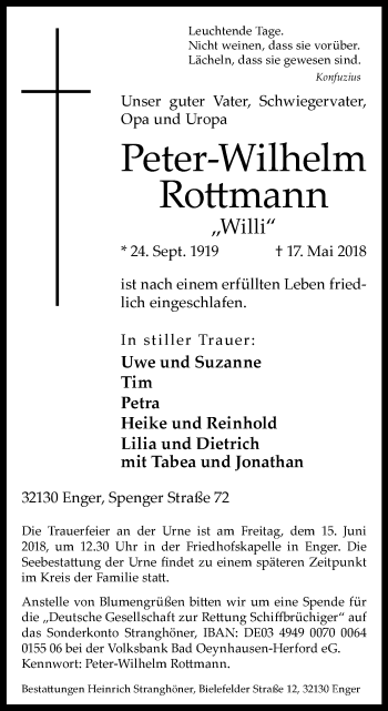 Traueranzeige von Peter-Wilhelm Rottmann von Westfalen-Blatt