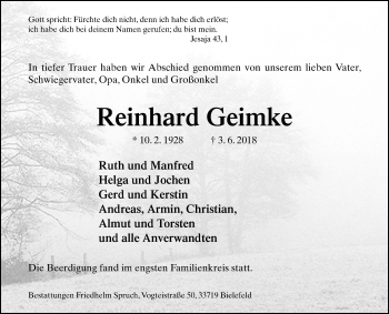 Traueranzeige von Reinhard Geimke