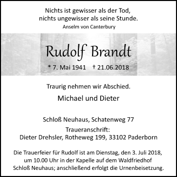 Traueranzeige von Rudolf Brandt von Westfalen-Blatt