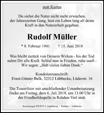 Traueranzeige von Rudolf Müller von Westfalen-Blatt