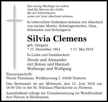 Traueranzeige von Silvia Clemens von Westfalen-Blatt
