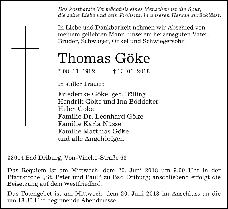  Traueranzeige für Thomas Göke vom 15.06.2018 aus Westfalen-Blatt