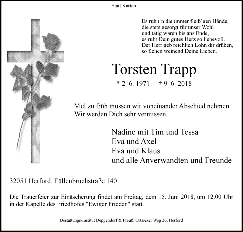  Traueranzeige für Torsten Trapp vom 13.06.2018 aus Westfalen-Blatt