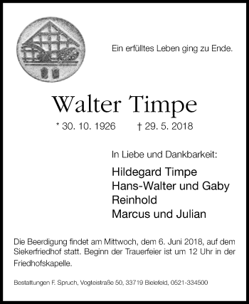 Traueranzeige von Walter Timpe von Westfalen-Blatt