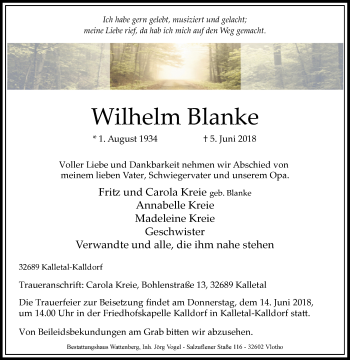 Traueranzeige von Wilhelm Blanke von Westfalen-Blatt
