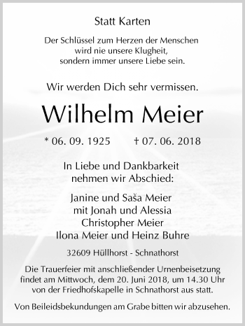 Traueranzeige von Wilhelm Meier von Westfalen-Blatt