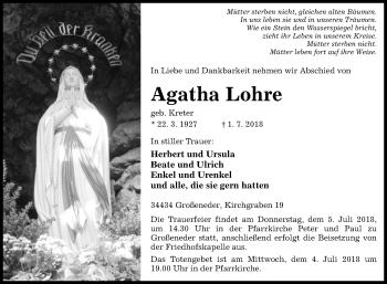 Traueranzeige von Agatha Lohre von Westfalen-Blatt