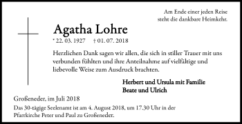 Traueranzeige von Agatha Lohre von Westfalen-Blatt