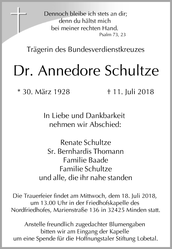  Traueranzeige für Annedore Schultze vom 14.07.2018 aus Westfalen-Blatt