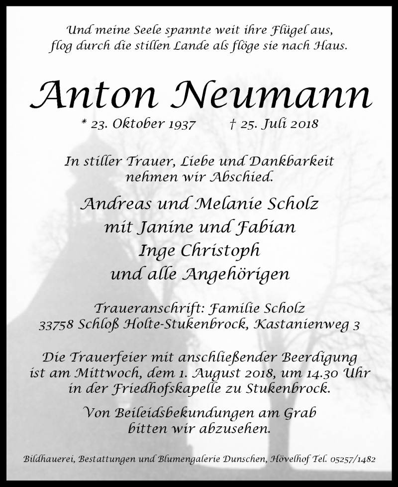  Traueranzeige für Anton Neumann vom 28.07.2018 aus Westfalen-Blatt