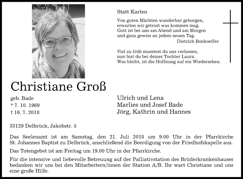  Traueranzeige für Christiane Groß vom 19.07.2018 aus Westfalen-Blatt