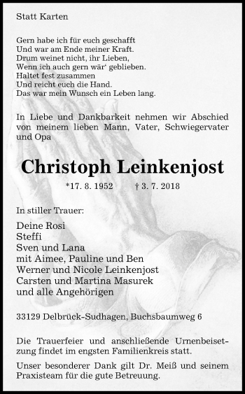 Traueranzeige von Christoph Leinkenjost von Westfalen-Blatt