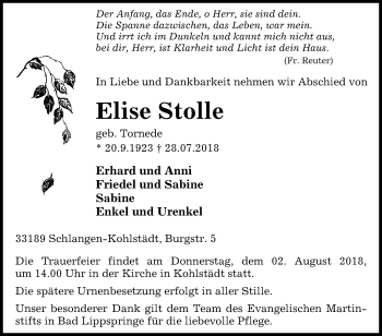 Traueranzeige von Elise Stolle von Westfalen-Blatt