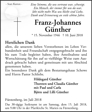 Traueranzeige von Franz-Johannes Günther von Westfalen-Blatt