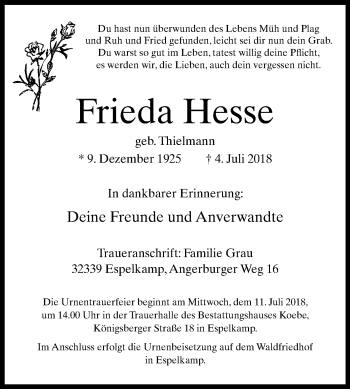 Traueranzeige von Frieda Hesse von Westfalen-Blatt