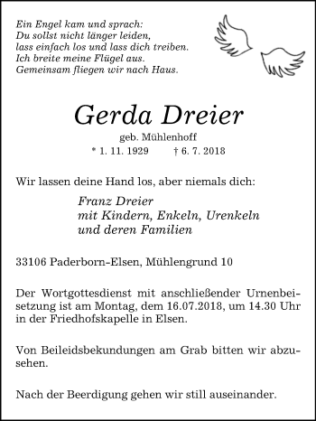 Traueranzeige von Gerda Dreier von Westfalen-Blatt