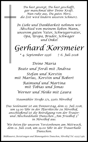 Traueranzeige von Gerhard Korsmeier von Westfalen-Blatt