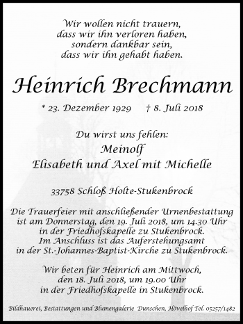 Traueranzeige von Heinrich Brechmann von Westfalen-Blatt