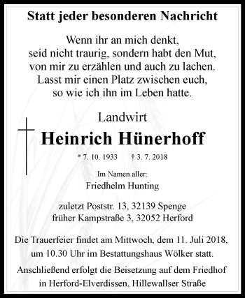 Traueranzeige von Heinrich Hünerhoff von Westfalen-Blatt