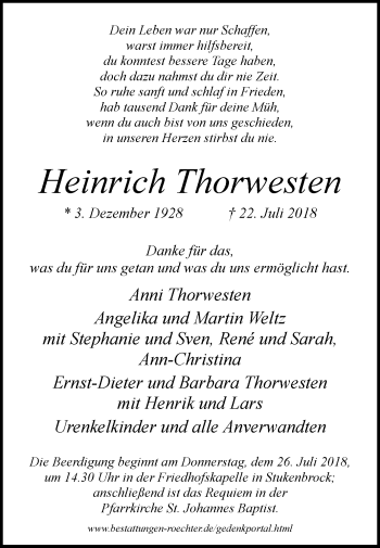 Traueranzeige von Heinrich Thorwesten von Westfalen-Blatt