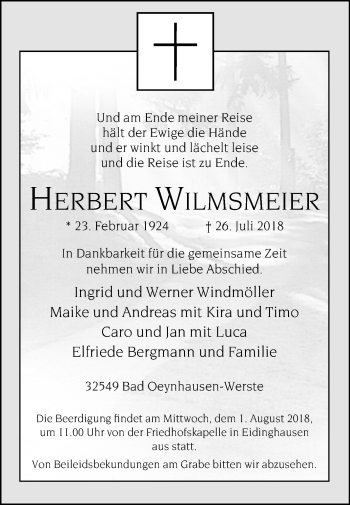 Traueranzeige von Herbert Wilmsmeier von Westfalen-Blatt