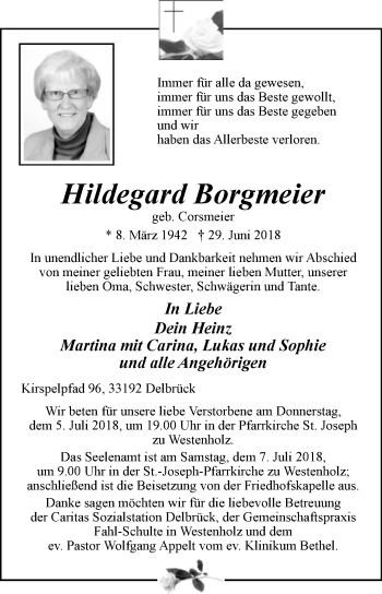 Traueranzeige von Hildegard Borgmeier von Westfalen-Blatt