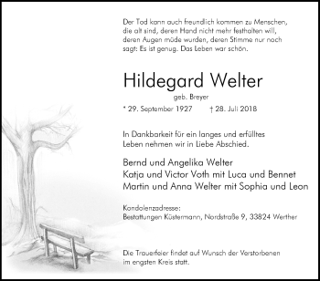 Traueranzeige von Hildegard Welter von Westfalen-Blatt