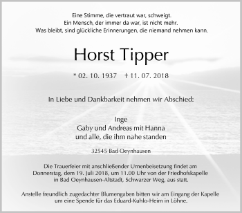 Traueranzeige von Horst Tipper von Westfalen-Blatt
