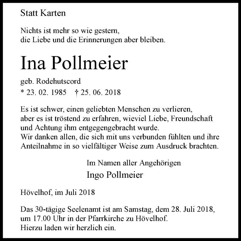  Traueranzeige für Ina Pollmeier vom 21.07.2018 aus Westfalen-Blatt
