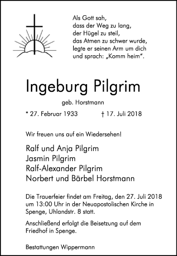 Traueranzeige von Ingeburg Pilgrim von Westfalen-Blatt