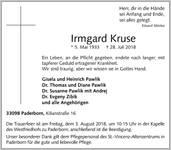 Traueranzeige von Irmgard Kruse von Westfalen-Blatt