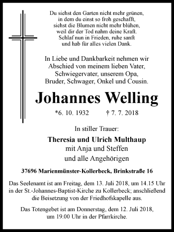 Traueranzeige von Johannes Welling von Westfalen-Blatt