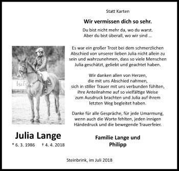 Traueranzeige von Julia Lange von Westfalen-Blatt