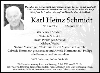 Traueranzeige von Karl Heinz Schmidt von Westfalen-Blatt