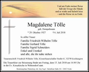 Traueranzeige von Magdalene Tölle von Westfalen-Blatt