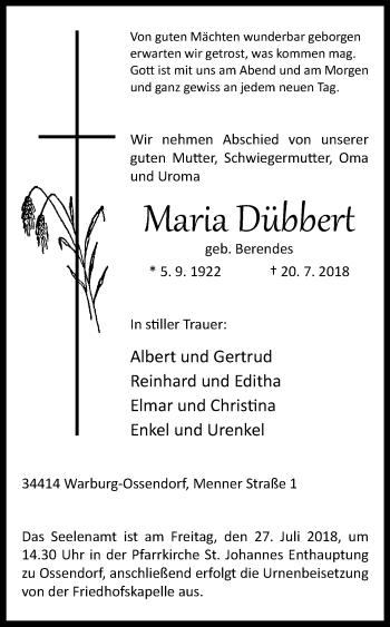 Traueranzeige von Maria Dübbert von Westfalen-Blatt