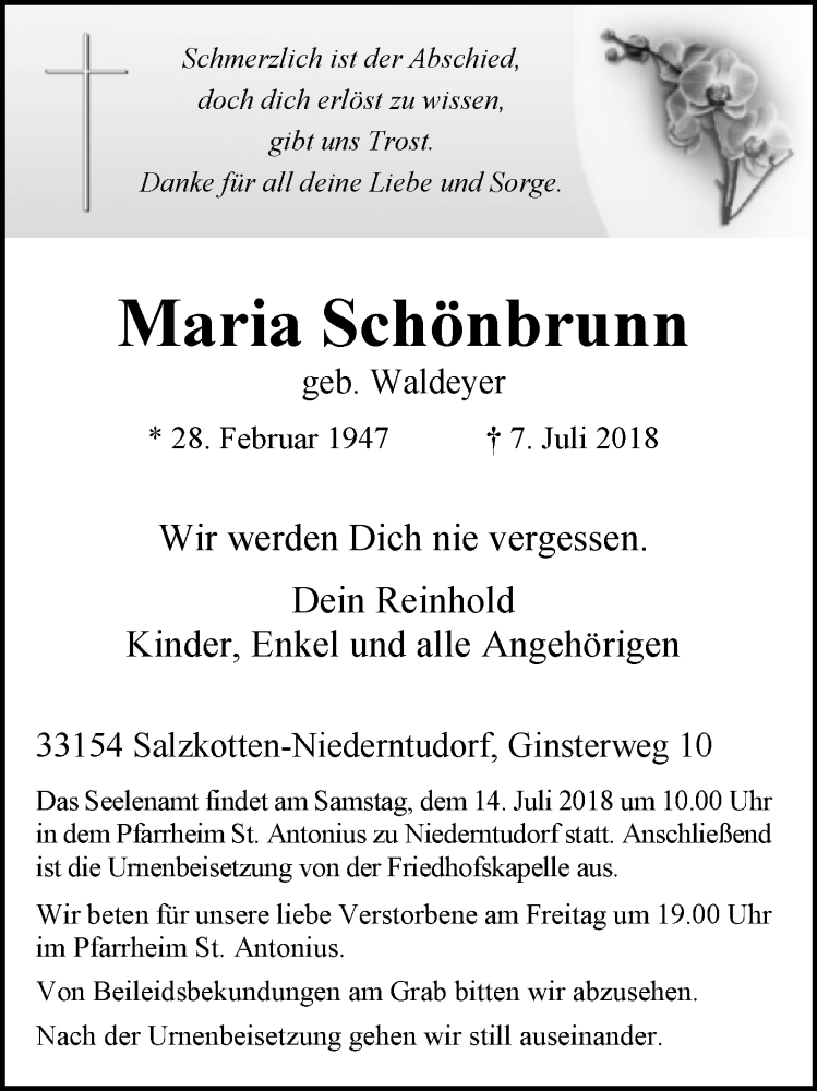  Traueranzeige für Maria Schönbrunn vom 12.07.2018 aus Westfalen-Blatt