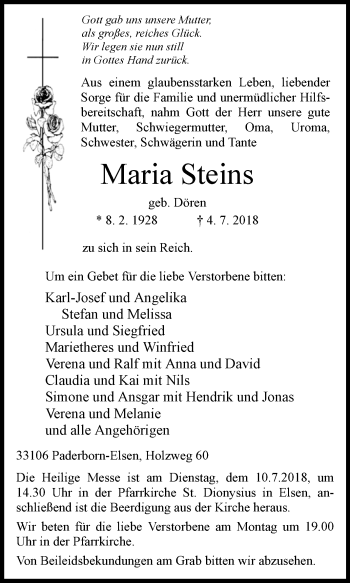 Traueranzeige von Maria Steins von Westfalen-Blatt