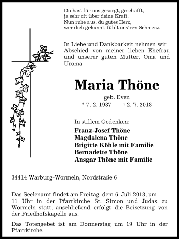 Traueranzeige von Maria Thöne von Westfalen-Blatt