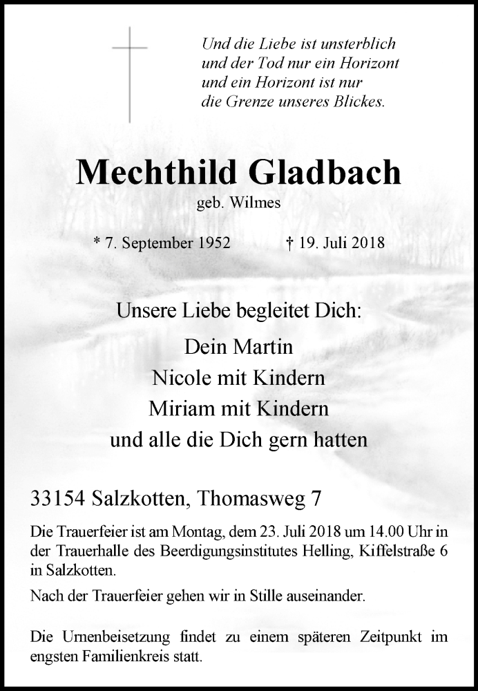  Traueranzeige für Mechthild Gladbach vom 21.07.2018 aus Westfalen-Blatt