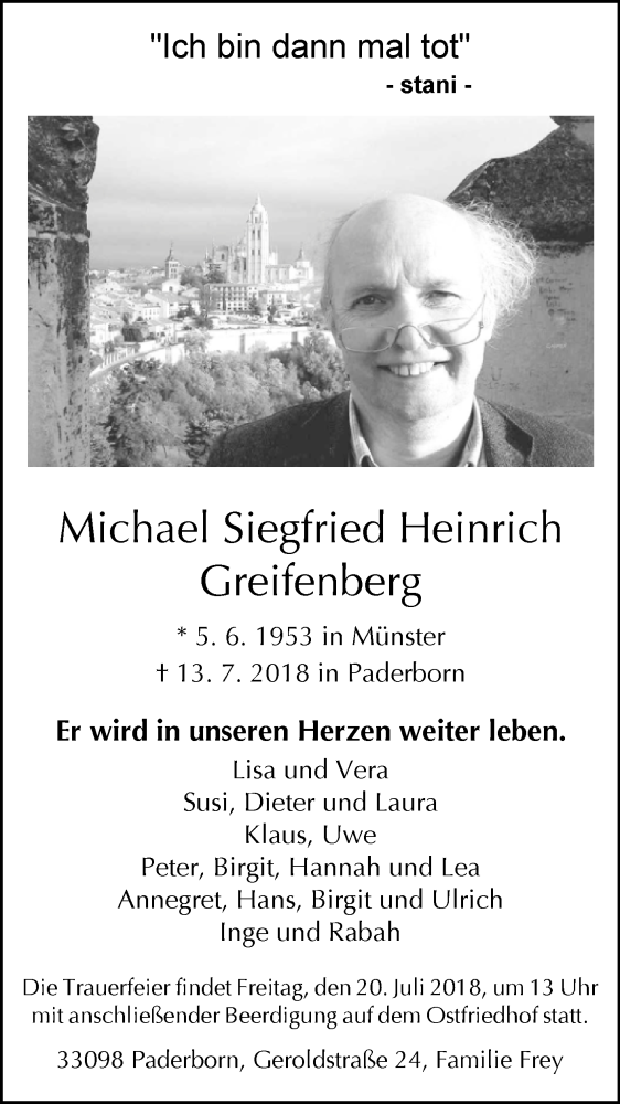  Traueranzeige für Michael Siegfried Heinrich Greifenberg vom 17.07.2018 aus Westfalen-Blatt